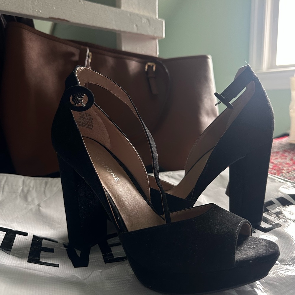 Sun + Stone Black Peep-Toe Heels